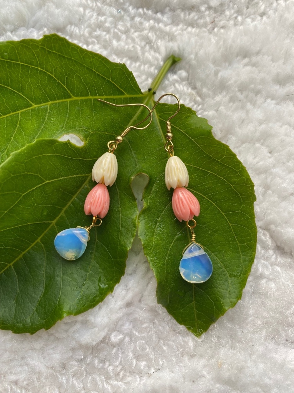 Handmade Pikake Earrings with Opal Drop Beads